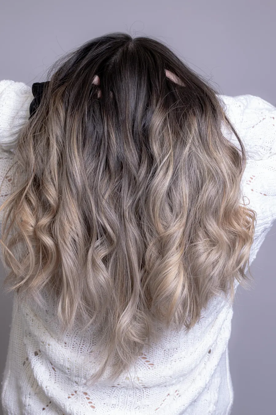 Dimensional color melt, dark roots to ash ends